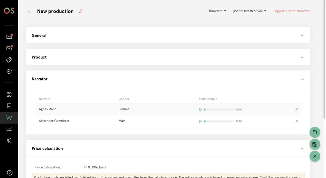 Bookwire OS interface for creating a new production with form fields for general information, product details, narrator overview and price calculation in a structured dashboard.