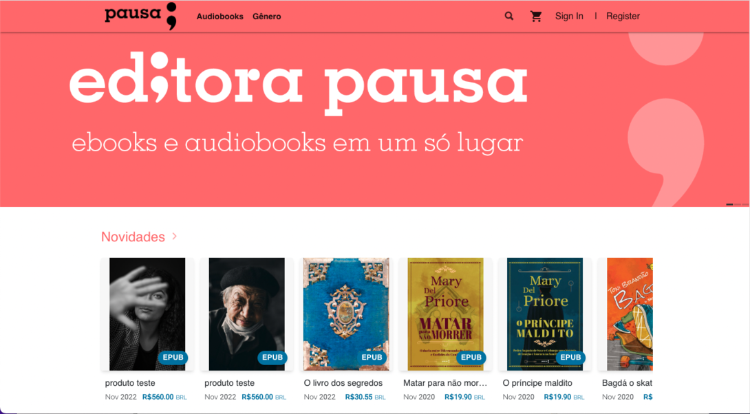 Home page of an online bookshop called “editora pausa”, featuring highlighted e-books and audiobooks, as well as an overview of current new releases.
